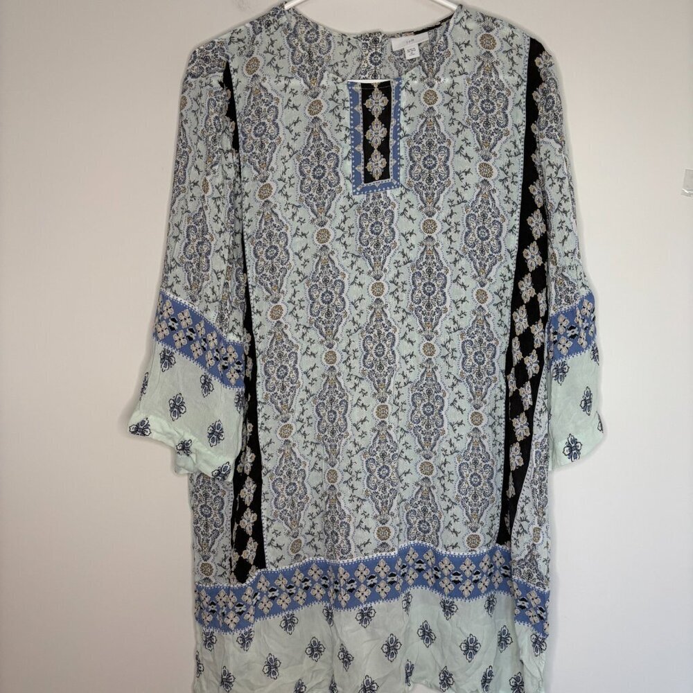 J.Jill Boho Top Xl Petite Light Blue Black 3/4 Sleeve Round Neck Back Buttons